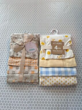 NWT Bundle of Two  of 100% Cotton Baby Blanket Floral Cream Beige Yellows & Blue